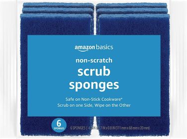 Basics Non-Scratch Scrub Sponges, Safe on Non-stick Cookware, Blue, 6 Count